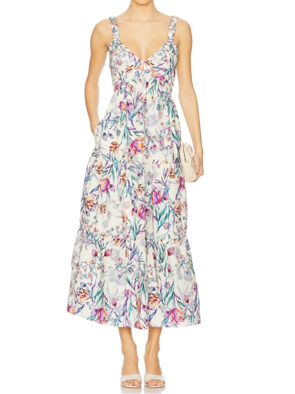 Floral V-Neck Summer Maxi Dress in White with Multicolor Blooms